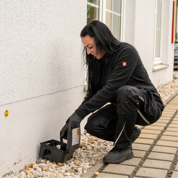 Mitarbeiterin kontrolliert eine Köderstation im Außenbereich eines Gebäudes.