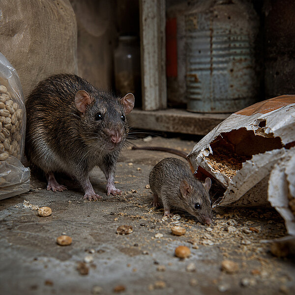 Ratte und Maus in einem Vorratsraum mit angenagter Verpackung und verstreuten Lebensmitteln.