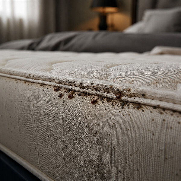Bettwanzen an der Naht einer Matratze im Schlafzimmer als sichtbarer Hinweis auf Bettwanzenbefall.
